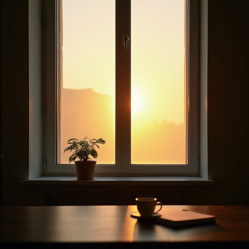 Fensterblick im Stuttgarter Büro mit warmem Tageslicht und Pflanze