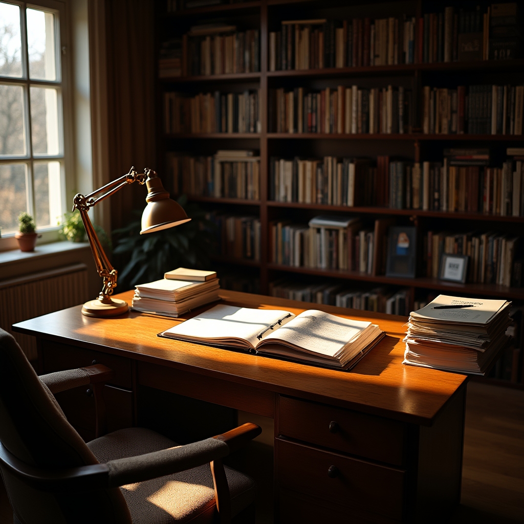 Heller Arbeitsbereich mit Schreibtisch, Büchern und Notizbüchern im Stuttgarter Büro